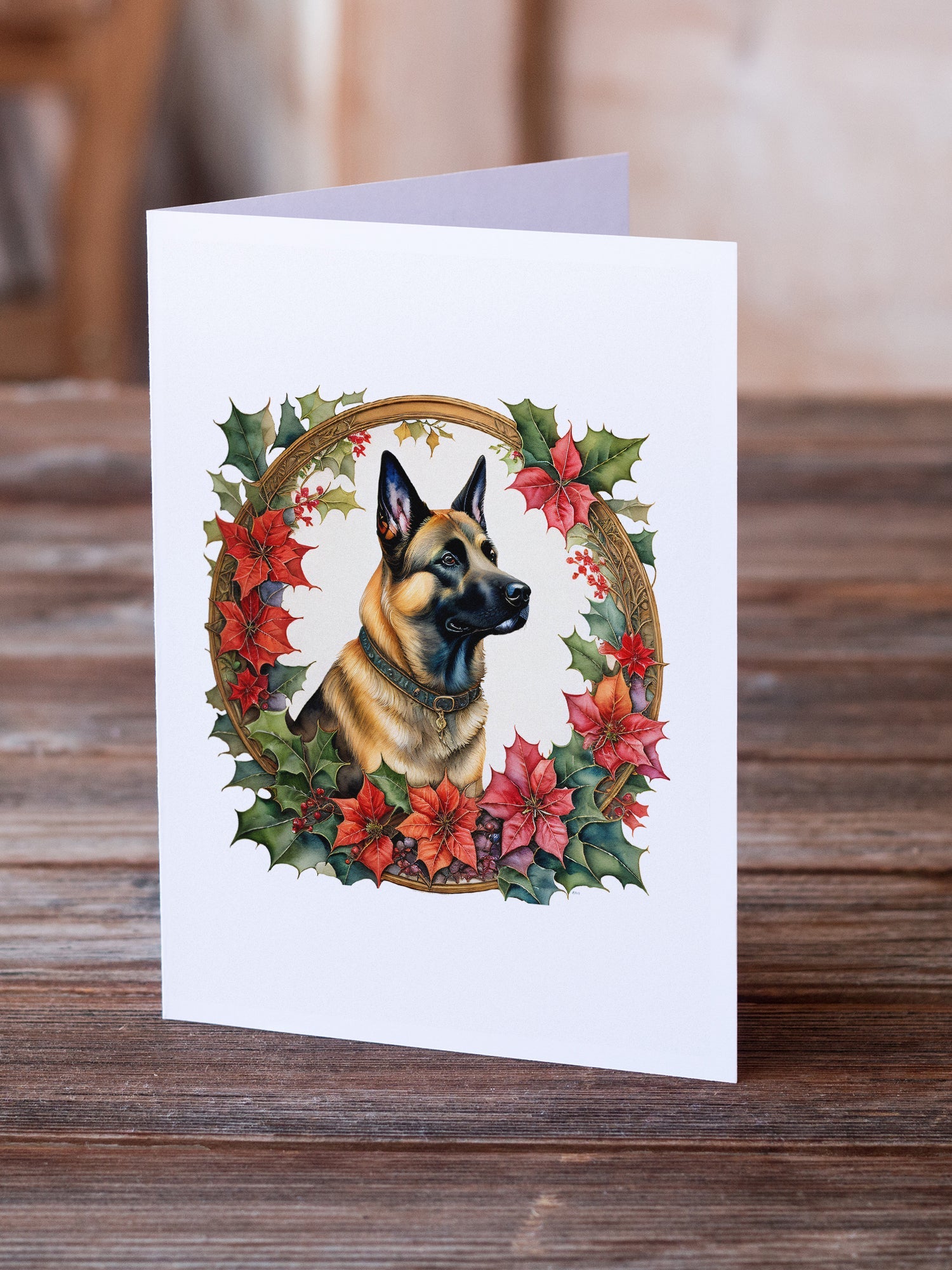 Belgian Malinois Christmas Flowers Greeting Cards Pack of 8 Blank Cards with Envelopes Whimsical A7 Size 5x7