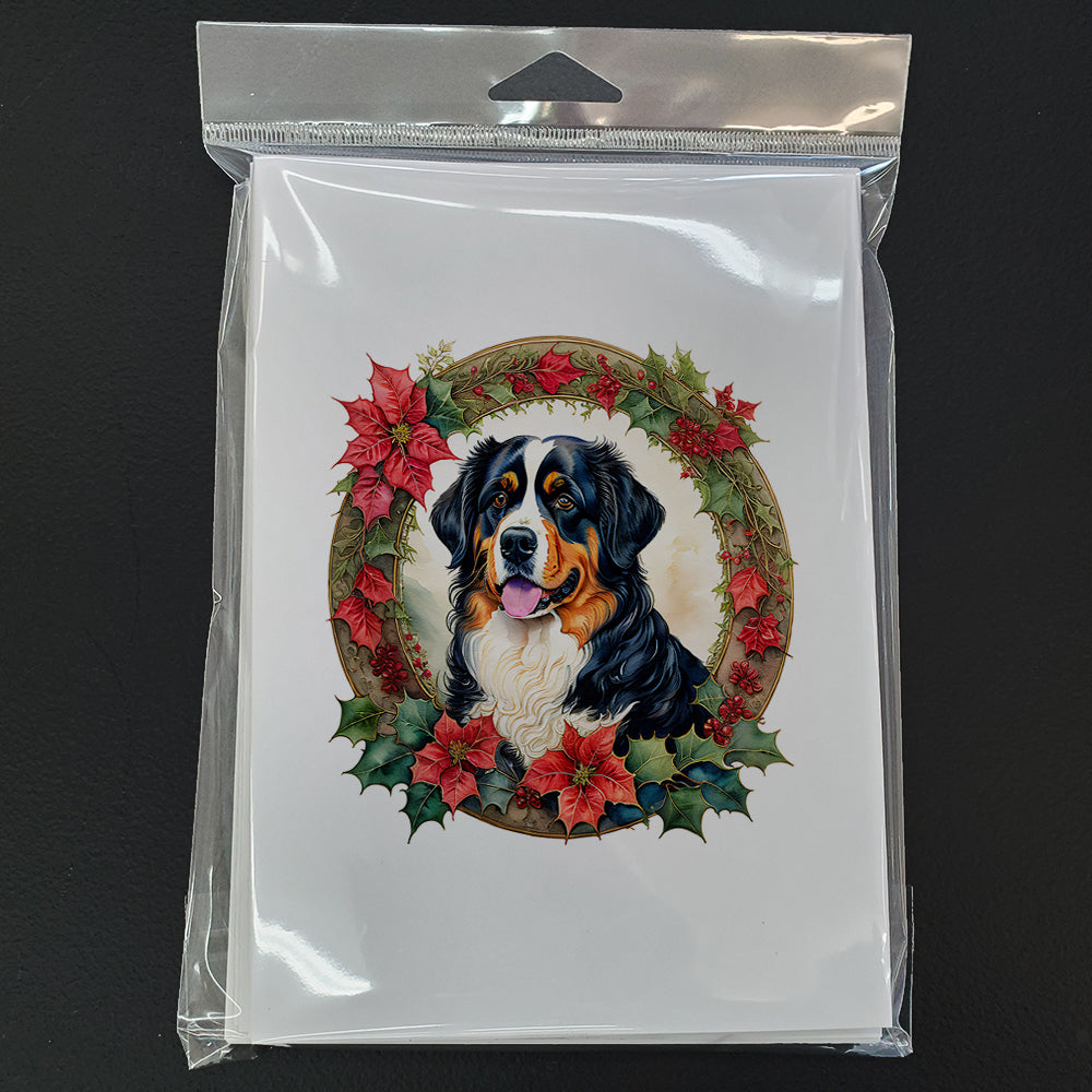 Bernese Mountain Dog Christmas Flowers Greeting Cards Pack of 8 Blank Cards with Envelopes Whimsical A7 Size 5x7