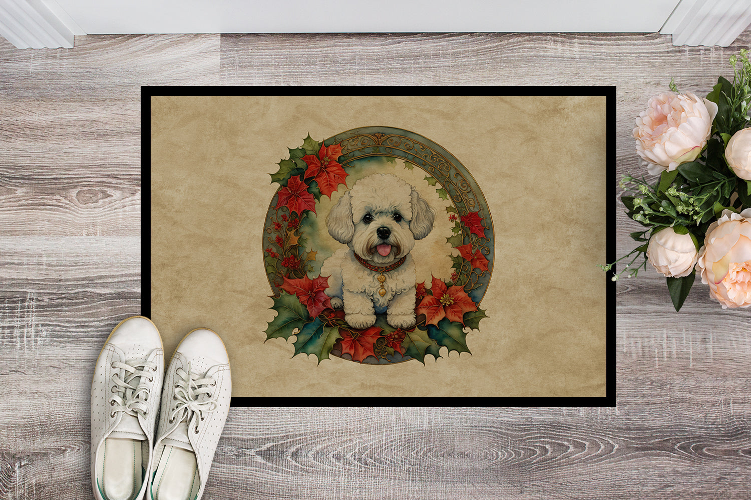 Bichon Frise Christmas Flowers Doormat Indoor Outdoor 24H X 36W Front Door Mat Rugs for Entryway, Non Slip Washable Low Pile,