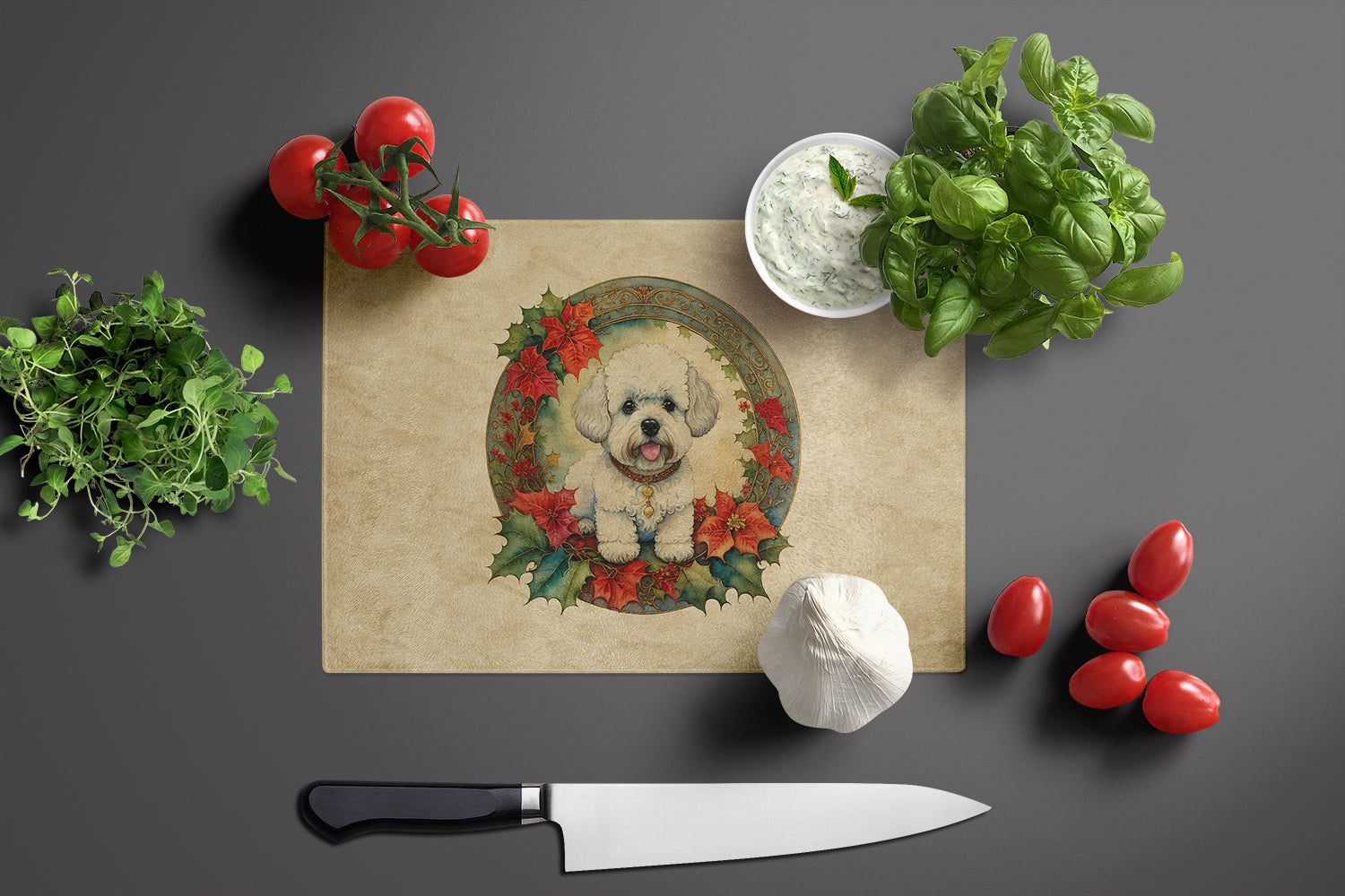 Bichon Frise Christmas Flowers Cutting Board Tempered Glass Kitchen Cutting Surface, Heat Resistant Chopping, Non-Slip Feet, Food Prep & Serving