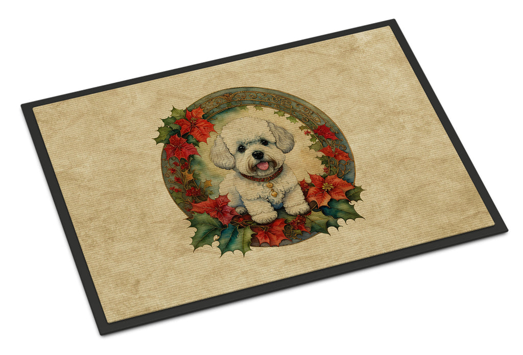 Bichon Frise Christmas Flowers Doormat Indoor Outdoor 18H X 27W Front Door Mat Rugs for Entryway, Non Slip Washable