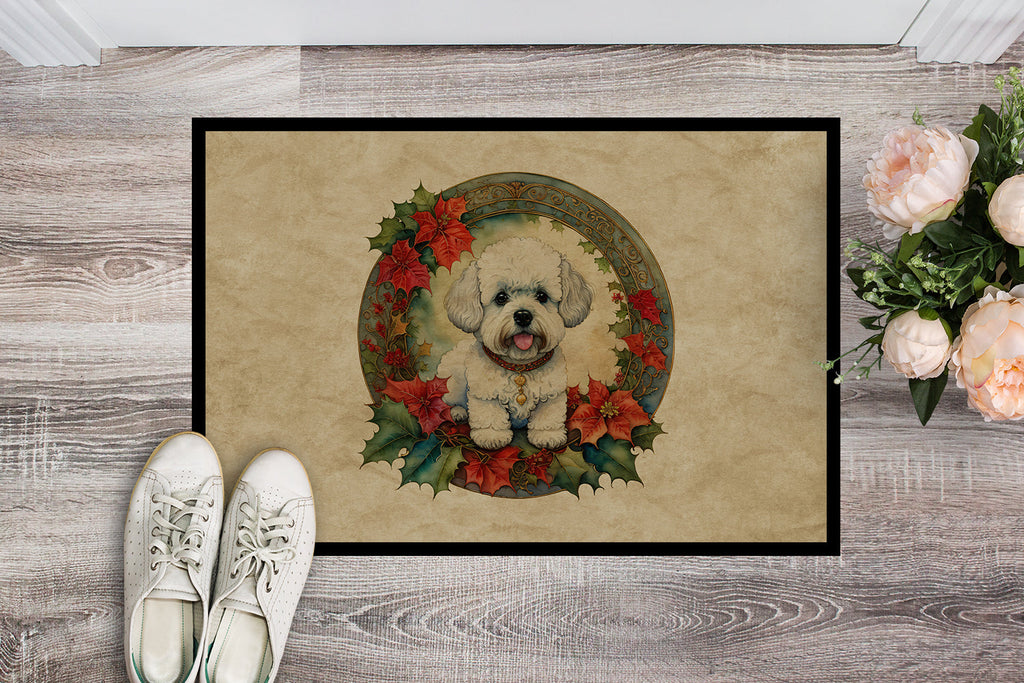 Bichon Frise Christmas Flowers Doormat Indoor Outdoor 18H X 27W Front Door Mat Rugs for Entryway, Non Slip Washable