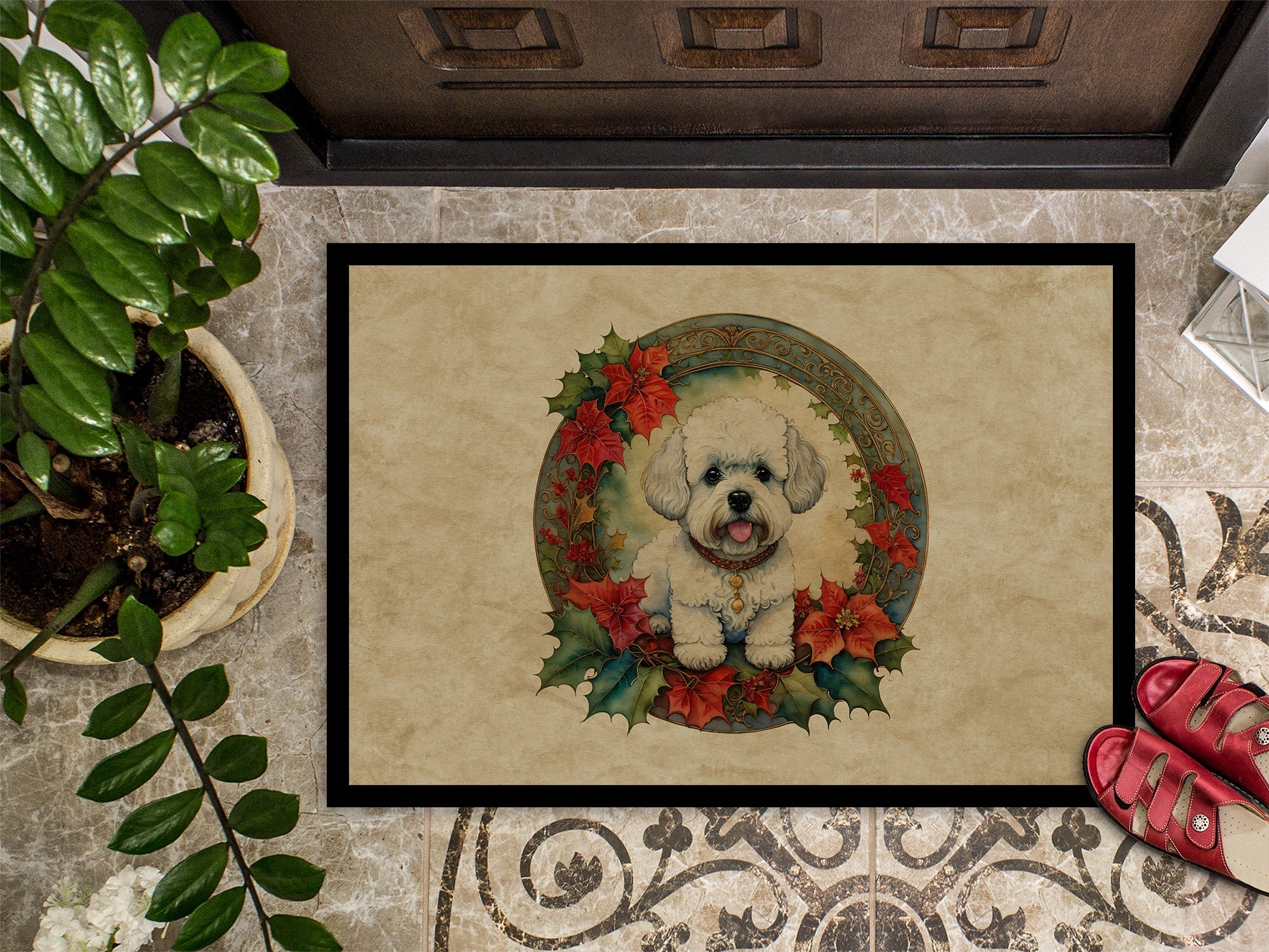Bichon Frise Christmas Flowers Doormat Indoor Outdoor 18H X 27W Front Door Mat Rugs for Entryway, Non Slip Washable