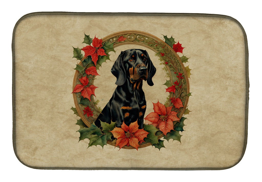 Black and Tan Coonhound Christmas Flowers Dish Drying Mat Absorbent Dish Drying Mat Pad for Kitchen Counter Dish Drainer Mat for Countertop, 14 x 21", Multicolor