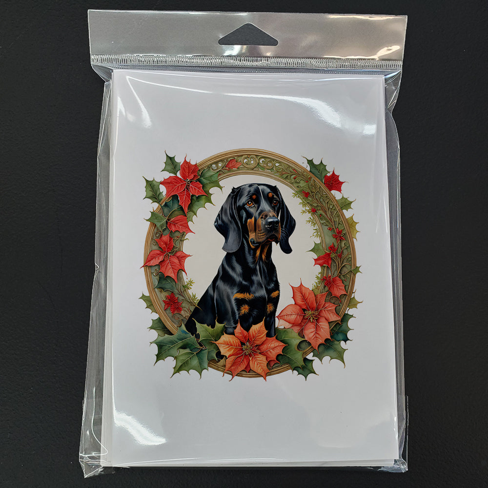 Black and Tan Coonhound Christmas Flowers Greeting Cards Pack of 8 Blank Cards with Envelopes Whimsical A7 Size 5x7