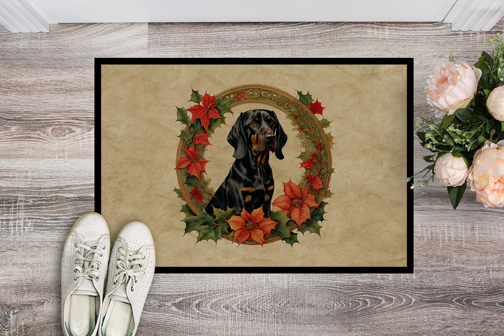 Black and Tan Coonhound Christmas Flowers Doormat Indoor Outdoor 24H X 36W Front Door Mat Rugs for Entryway, Non Slip Washable Low Pile,