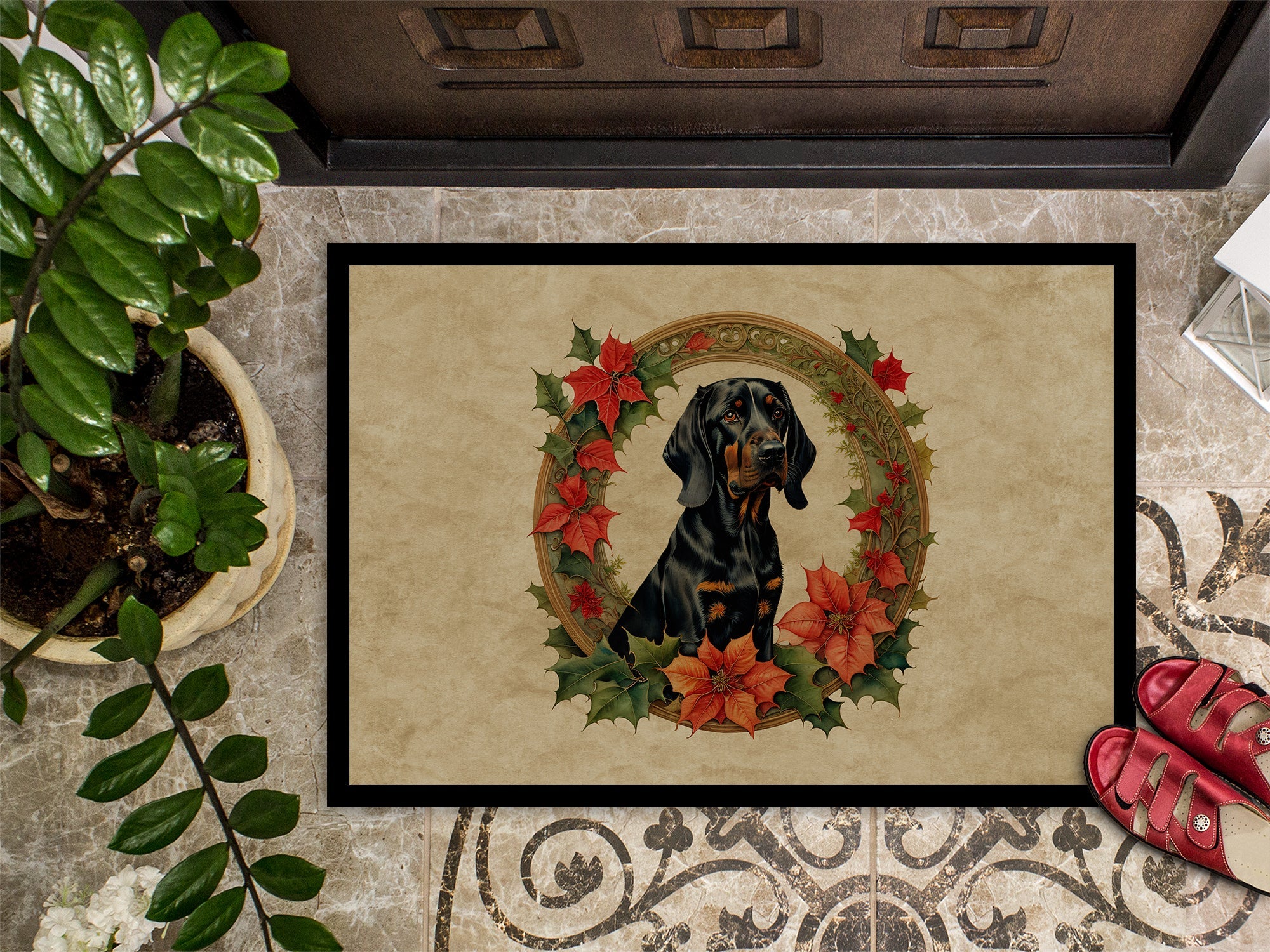 Black and Tan Coonhound Christmas Flowers Doormat Indoor Outdoor 18H X 27W Front Door Mat Rugs for Entryway, Non Slip Washable