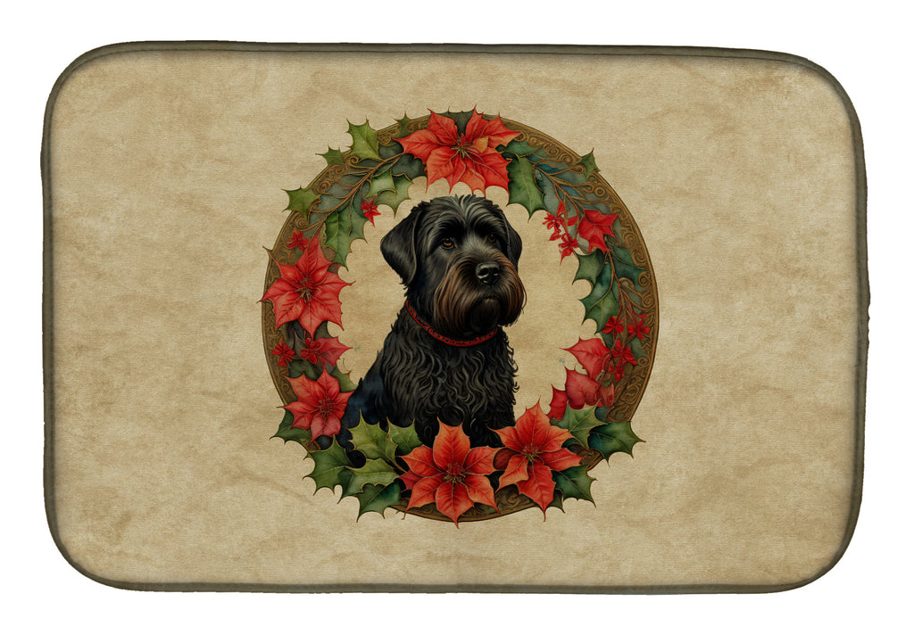 Black Russian Terrier Christmas Flowers Dish Drying Mat Absorbent Dish Drying Mat Pad for Kitchen Counter Dish Drainer Mat for Countertop, 14 x 21", Multicolor