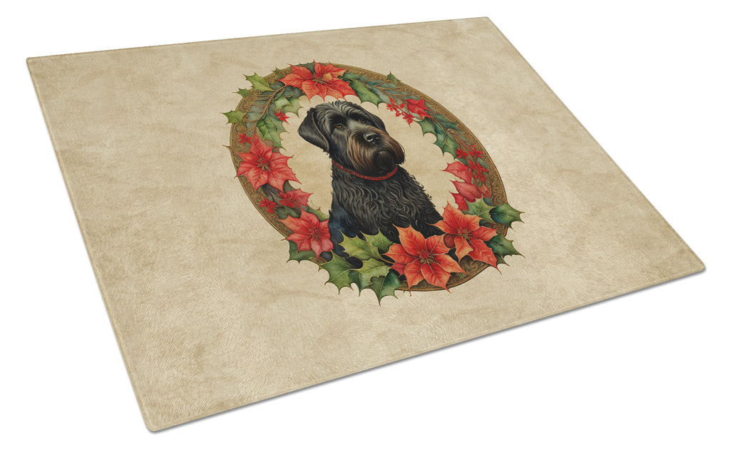 Black Russian Terrier Christmas Flowers Cutting Board Tempered Glass Kitchen Cutting Surface, Heat Resistant Chopping, Non-Slip Feet, Food Prep & Serving
