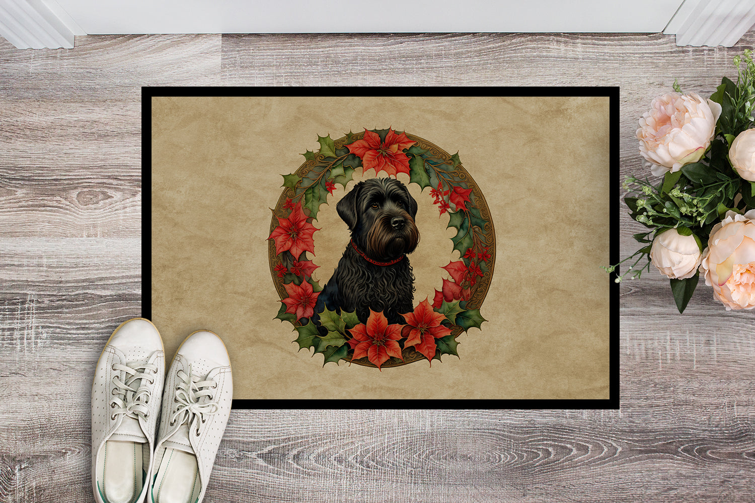 Black Russian Terrier Christmas Flowers Doormat Indoor Outdoor 18H X 27W Front Door Mat Rugs for Entryway, Non Slip Washable