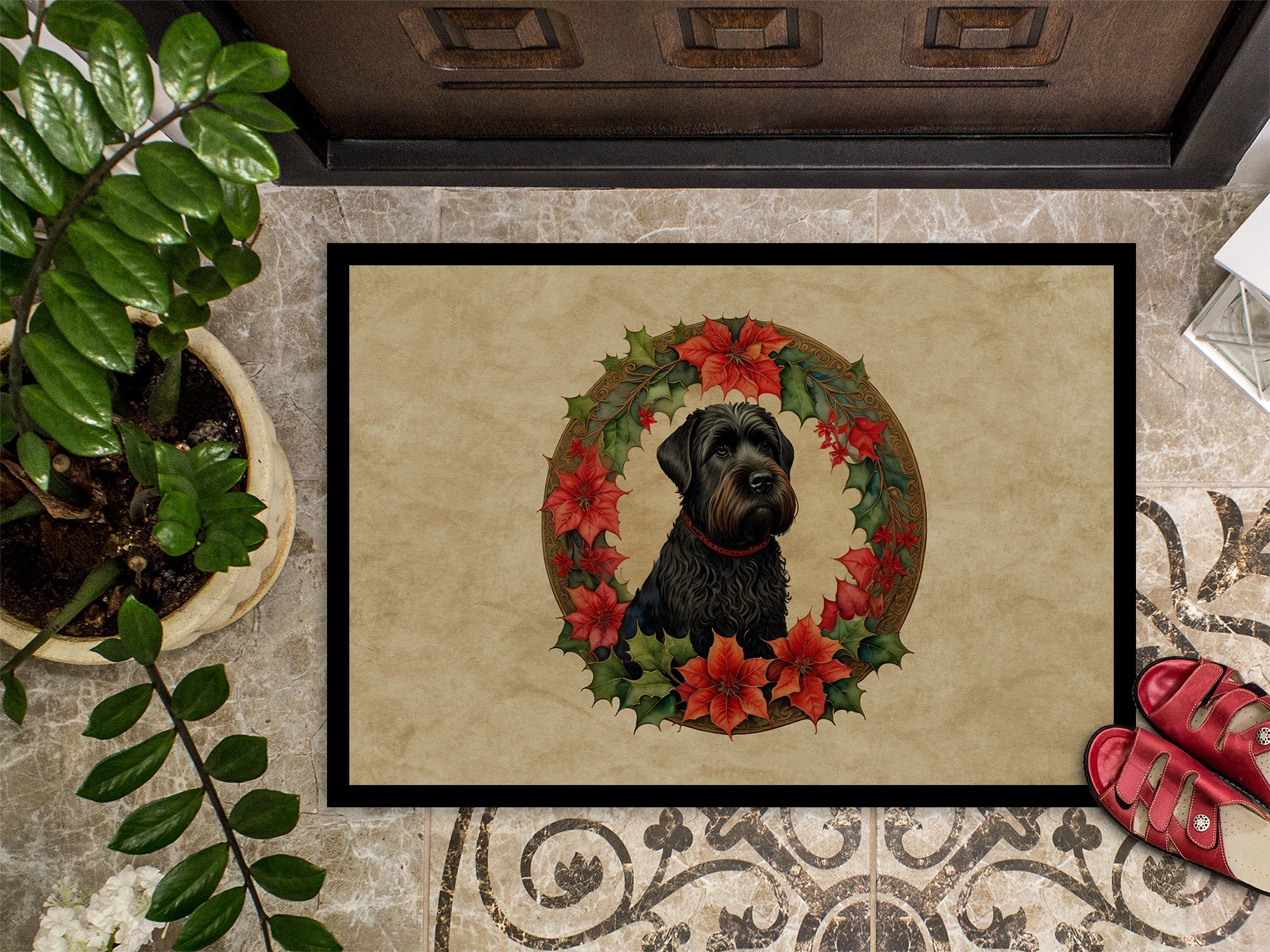 Black Russian Terrier Christmas Flowers Doormat Indoor Outdoor 18H X 27W Front Door Mat Rugs for Entryway, Non Slip Washable