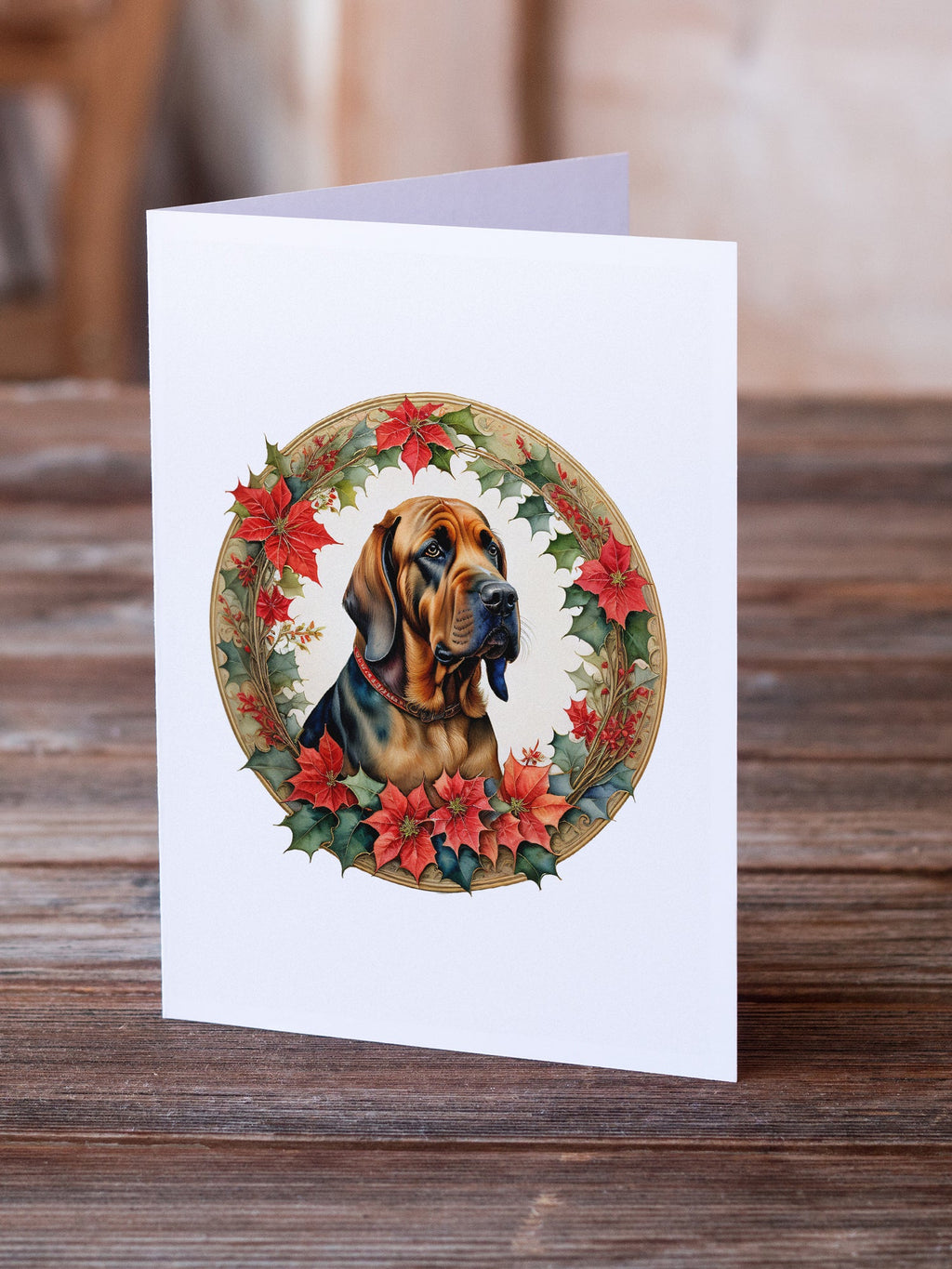Bloodhound Christmas Flowers Greeting Cards Pack of 8 Blank Cards with Envelopes Whimsical A7 Size 5x7