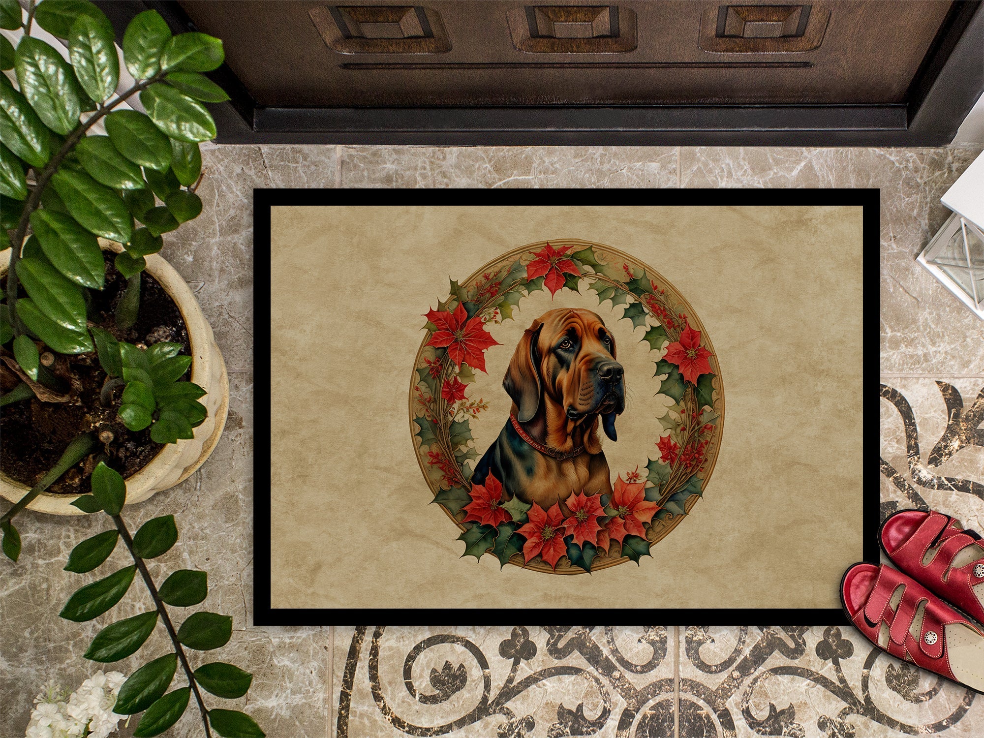 Bloodhound Christmas Flowers Doormat Indoor Outdoor 18H X 27W Front Door Mat Rugs for Entryway, Non Slip Washable