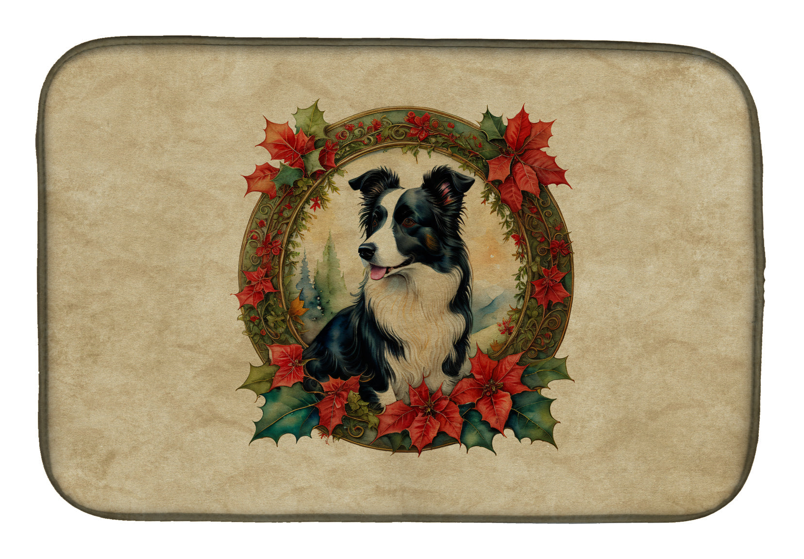 Border Collie Christmas Flowers Dish Drying Mat Absorbent Dish Drying Mat Pad for Kitchen Counter Dish Drainer Mat for Countertop, 14 x 21", Multicolor