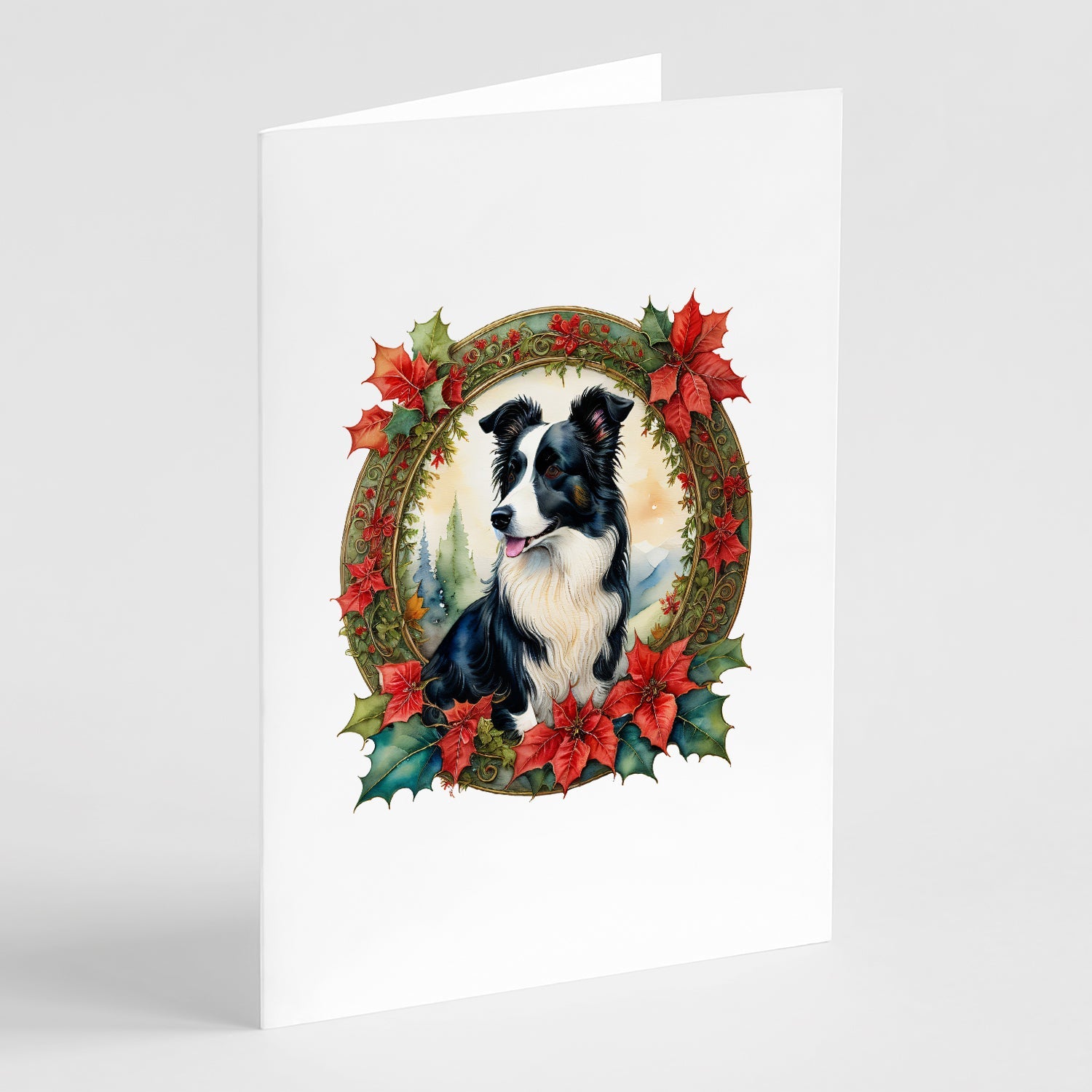 Border Collie Christmas Flowers Greeting Cards Pack of 8 Blank Cards with Envelopes Whimsical A7 Size 5x7