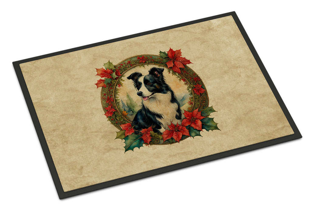 Border Collie Christmas Flowers Doormat Indoor Outdoor 24H X 36W Front Door Mat Rugs for Entryway, Non Slip Washable Low Pile,