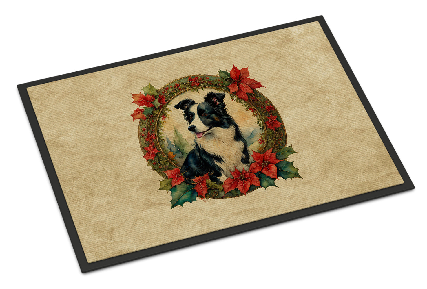 Border Collie Christmas Flowers Doormat Indoor Outdoor 18H X 27W Front Door Mat Rugs for Entryway, Non Slip Washable