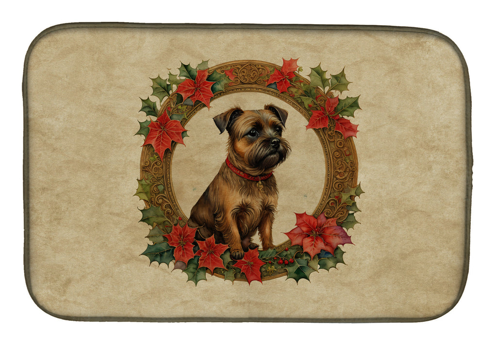 Border Terrier Christmas Flowers Dish Drying Mat Absorbent Dish Drying Mat Pad for Kitchen Counter Dish Drainer Mat for Countertop, 14 x 21", Multicolor