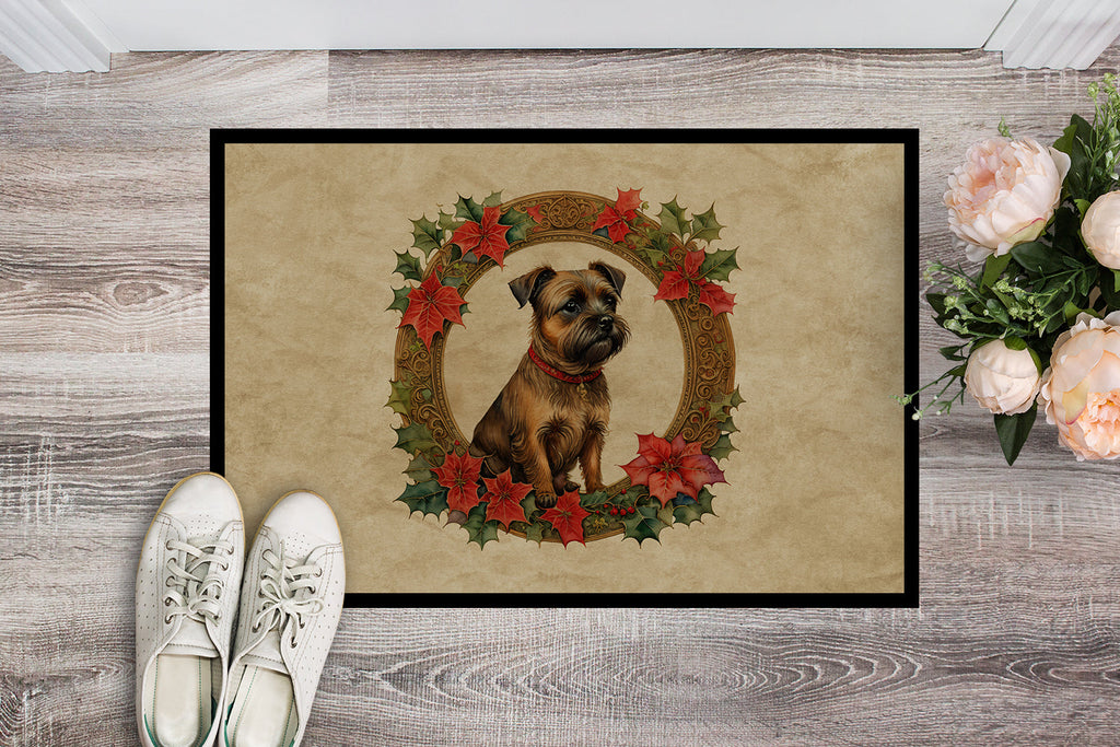 Border Terrier Christmas Flowers Doormat Indoor Outdoor 18H X 27W Front Door Mat Rugs for Entryway, Non Slip Washable