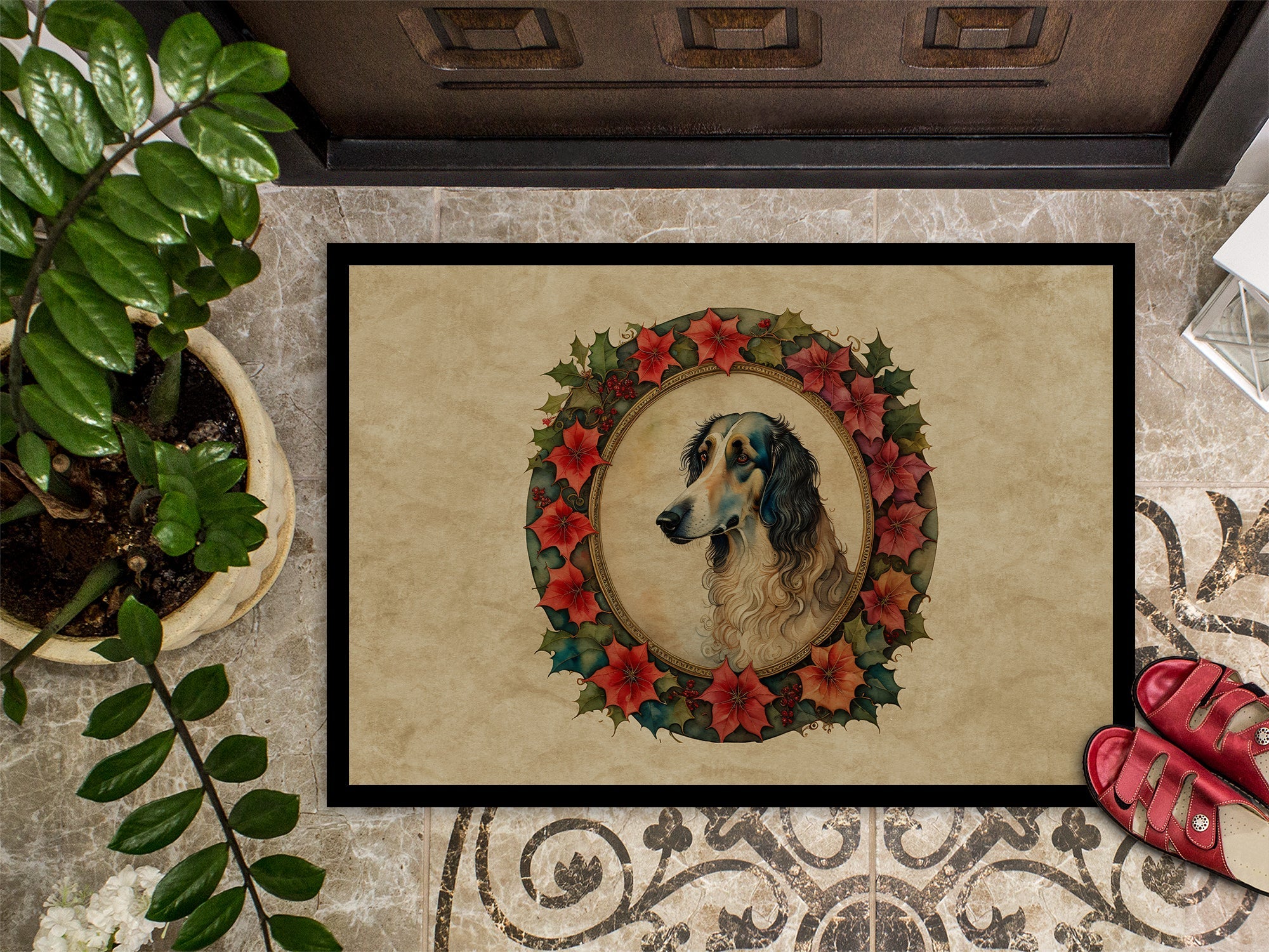 Borzoi Christmas Flowers Doormat Indoor Outdoor 18H X 27W Front Door Mat Rugs for Entryway, Non Slip Washable