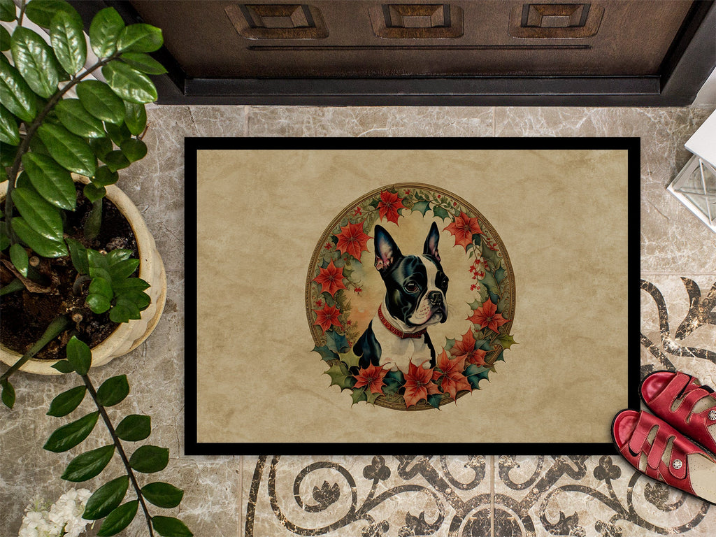Boston Terrier Christmas Flowers Doormat Indoor Outdoor 24H X 36W Front Door Mat Rugs for Entryway, Non Slip Washable Low Pile,