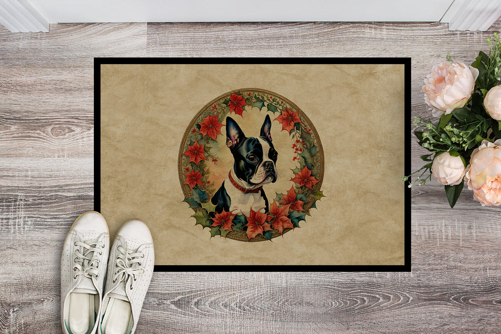 Boston Terrier Christmas Flowers Doormat Indoor Outdoor 18H X 27W Front Door Mat Rugs for Entryway, Non Slip Washable