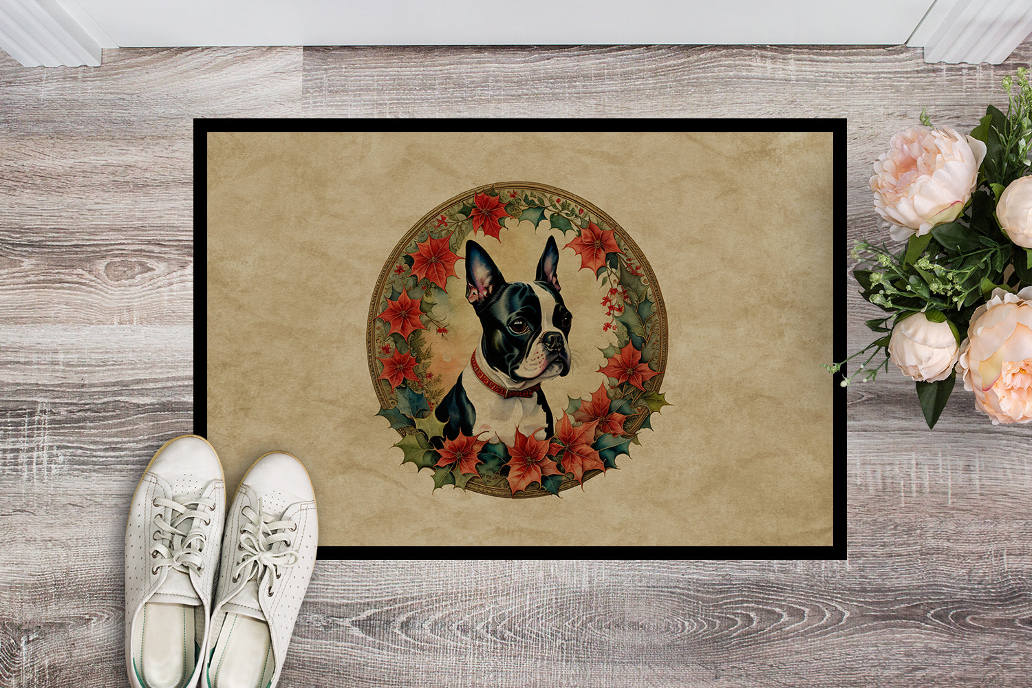 Boston Terrier Christmas Flowers Doormat Indoor Outdoor 18H X 27W Front Door Mat Rugs for Entryway, Non Slip Washable