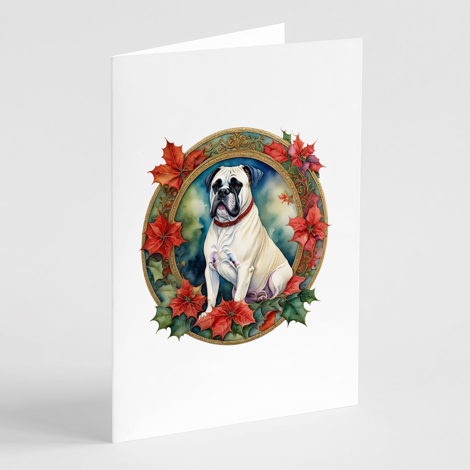 White Boxer Christmas Flowers Greeting Cards Pack of 8 Blank Cards with Envelopes Whimsical A7 Size 5x7