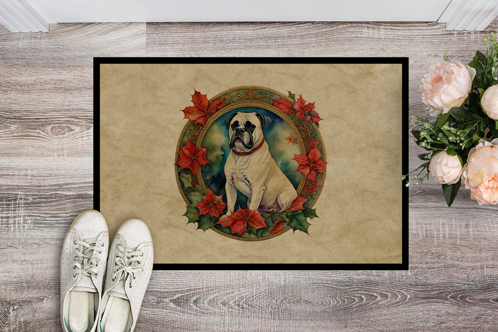 White Boxer Christmas Flowers Doormat Indoor Outdoor 18H X 27W Front Door Mat Rugs for Entryway, Non Slip Washable