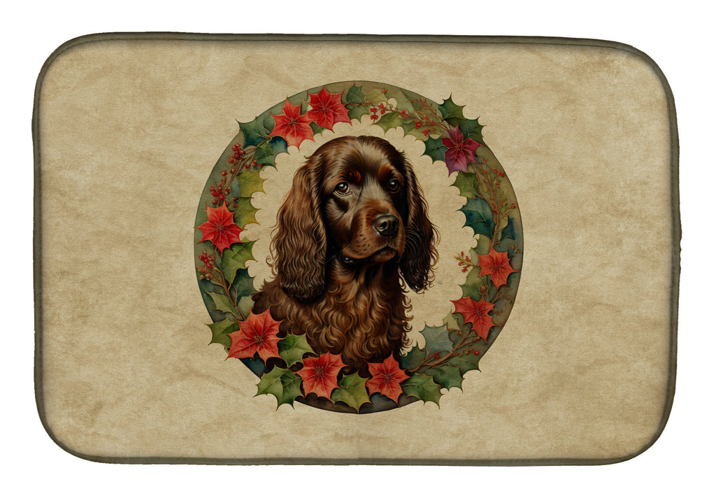 Boykin Spaniel Christmas Flowers Dish Drying Mat Absorbent Dish Drying Mat Pad for Kitchen Counter Dish Drainer Mat for Countertop, 14 x 21", Multicolor