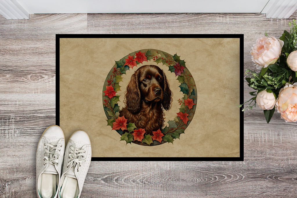 Boykin Spaniel Christmas Flowers Doormat Indoor Outdoor 18H X 27W Front Door Mat Rugs for Entryway, Non Slip Washable