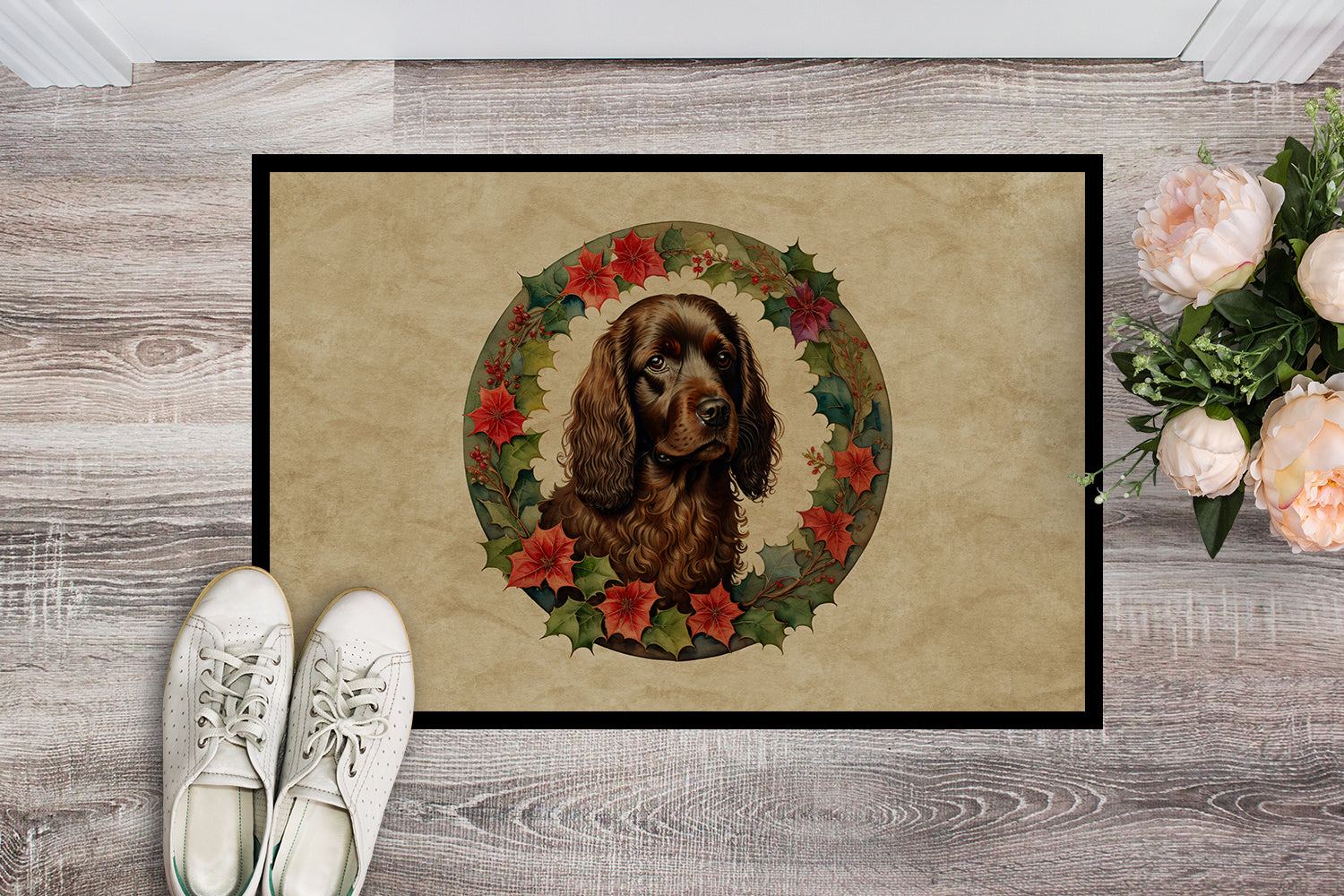 Boykin Spaniel Christmas Flowers Doormat Indoor Outdoor 18H X 27W Front Door Mat Rugs for Entryway, Non Slip Washable