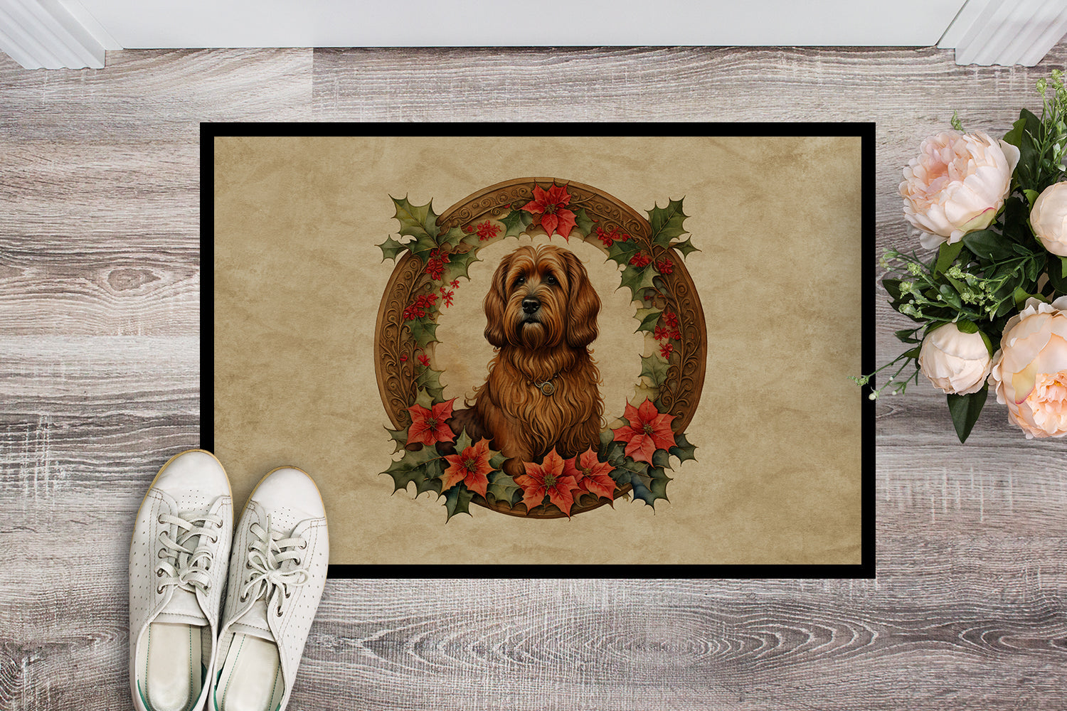 Briard Christmas Flowers Doormat Indoor Outdoor 24H X 36W Front Door Mat Rugs for Entryway, Non Slip Washable Low Pile,