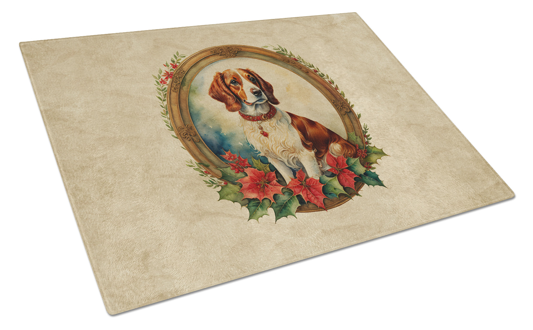 Brittany Spaniel Christmas Flowers Cutting Board Tempered Glass Kitchen Cutting Surface, Heat Resistant Chopping, Non-Slip Feet, Food Prep & Serving