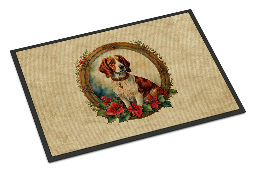 Brittany Spaniel Christmas Flowers Doormat Indoor Outdoor 18H X 27W Front Door Mat Rugs for Entryway, Non Slip Washable