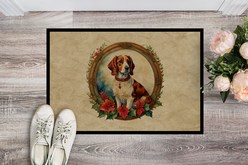 Brittany Spaniel Christmas Flowers Doormat Indoor Outdoor 18H X 27W Front Door Mat Rugs for Entryway, Non Slip Washable
