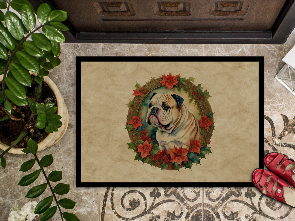 English Bulldog Christmas Flowers Doormat Indoor Outdoor 24H X 36W Front Door Mat Rugs for Entryway, Non Slip Washable Low Pile,