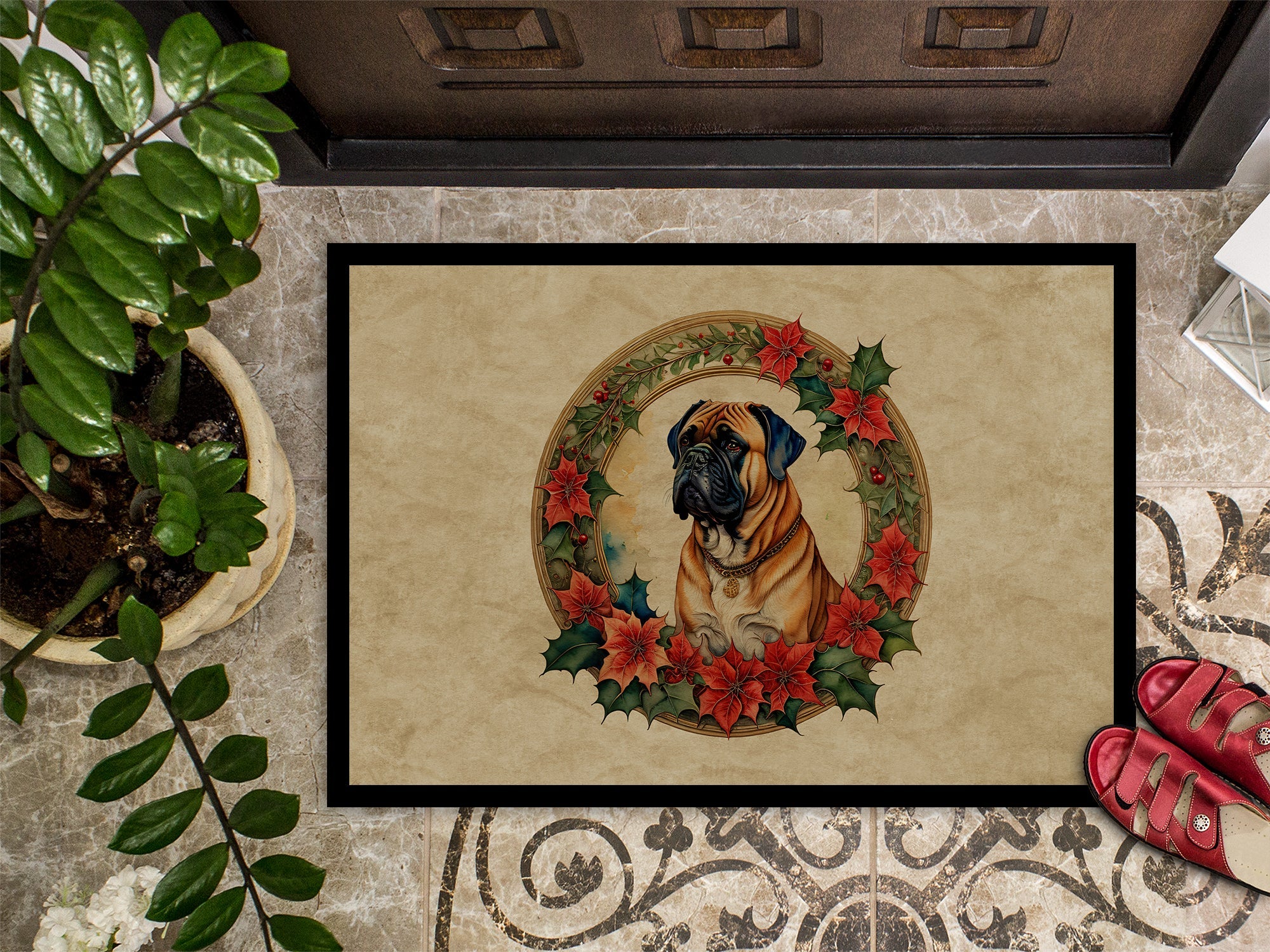 Bullmastiff Christmas Flowers Doormat Indoor Outdoor 24H X 36W Front Door Mat Rugs for Entryway, Non Slip Washable Low Pile,