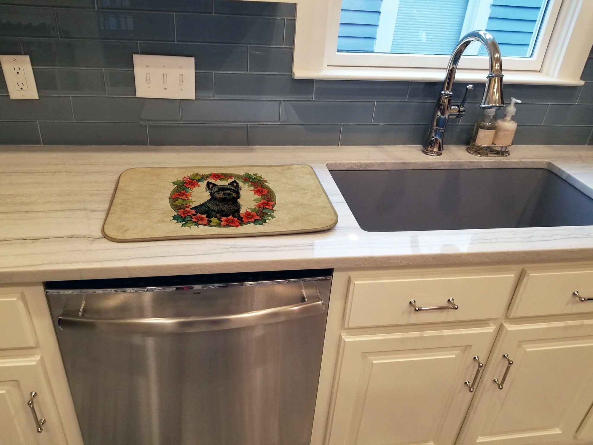 Cairn Terrier Christmas Flowers Dish Drying Mat Absorbent Dish Drying Mat Pad for Kitchen Counter Dish Drainer Mat for Countertop, 14 x 21", Multicolor