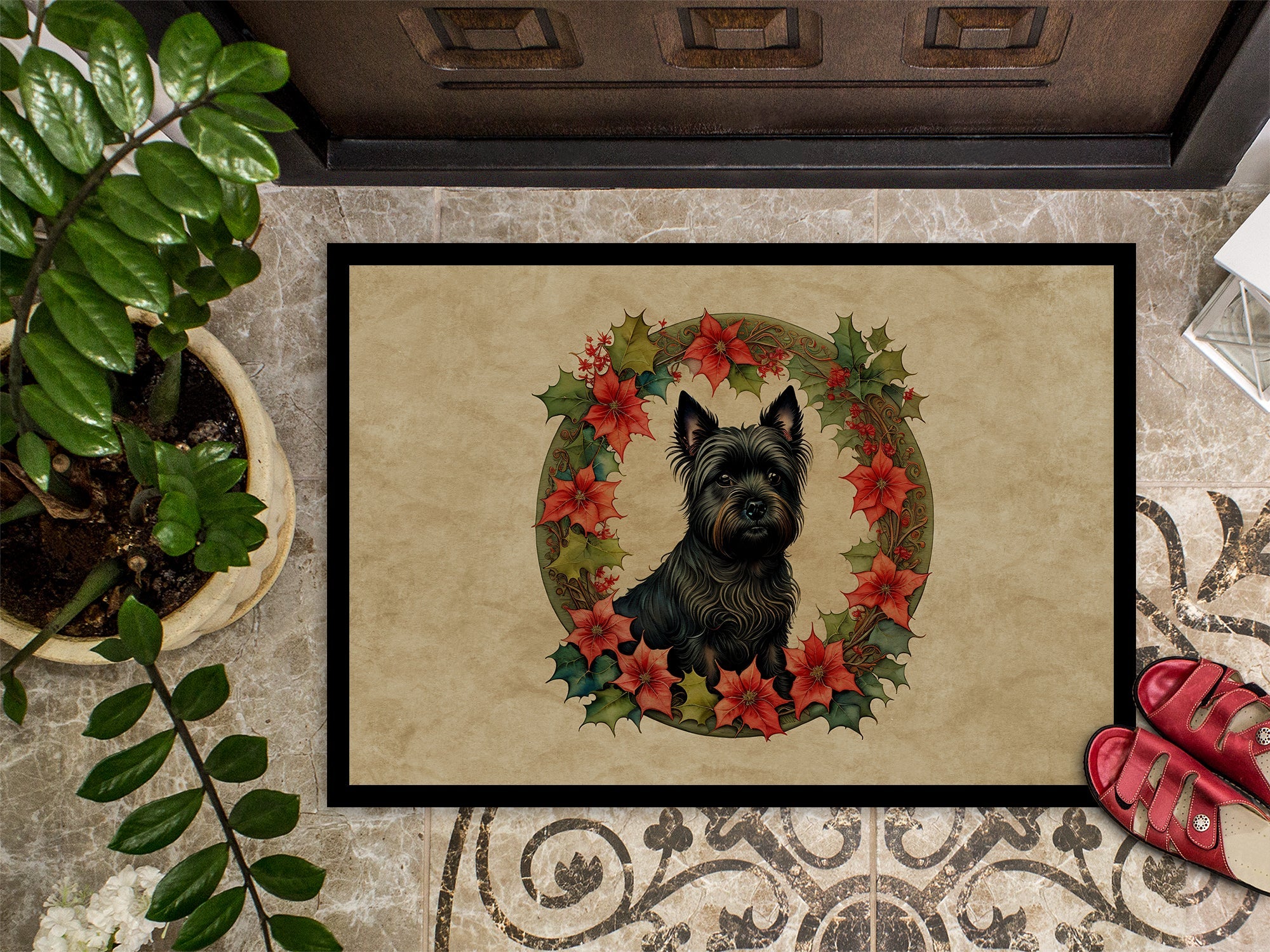 Cairn Terrier Christmas Flowers Doormat Indoor Outdoor 18H X 27W Front Door Mat Rugs for Entryway, Non Slip Washable