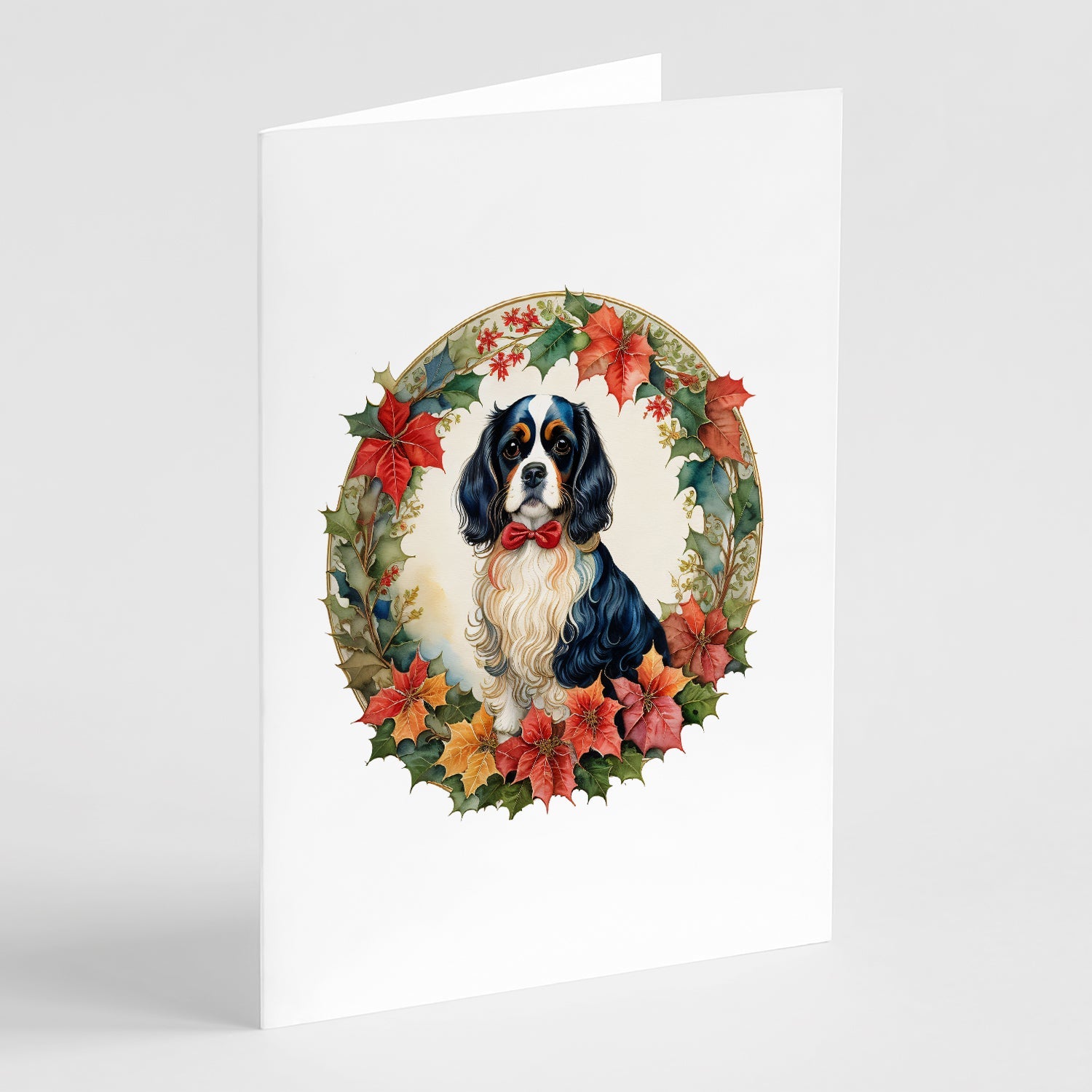 Cavalier Spaniel Christmas Flowers Greeting Cards Pack of 8 Blank Cards with Envelopes Whimsical A7 Size 5x7