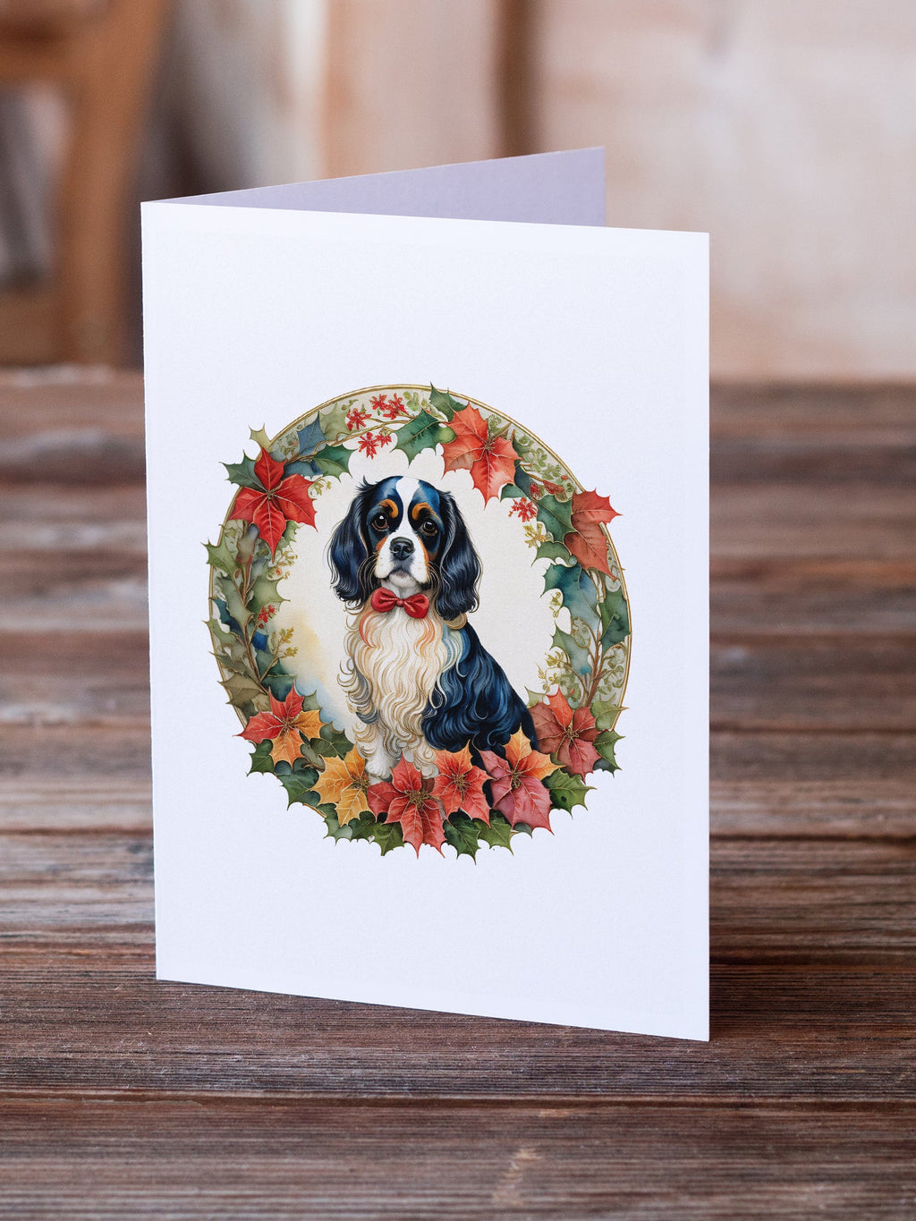 Cavalier Spaniel Christmas Flowers Greeting Cards Pack of 8 Blank Cards with Envelopes Whimsical A7 Size 5x7