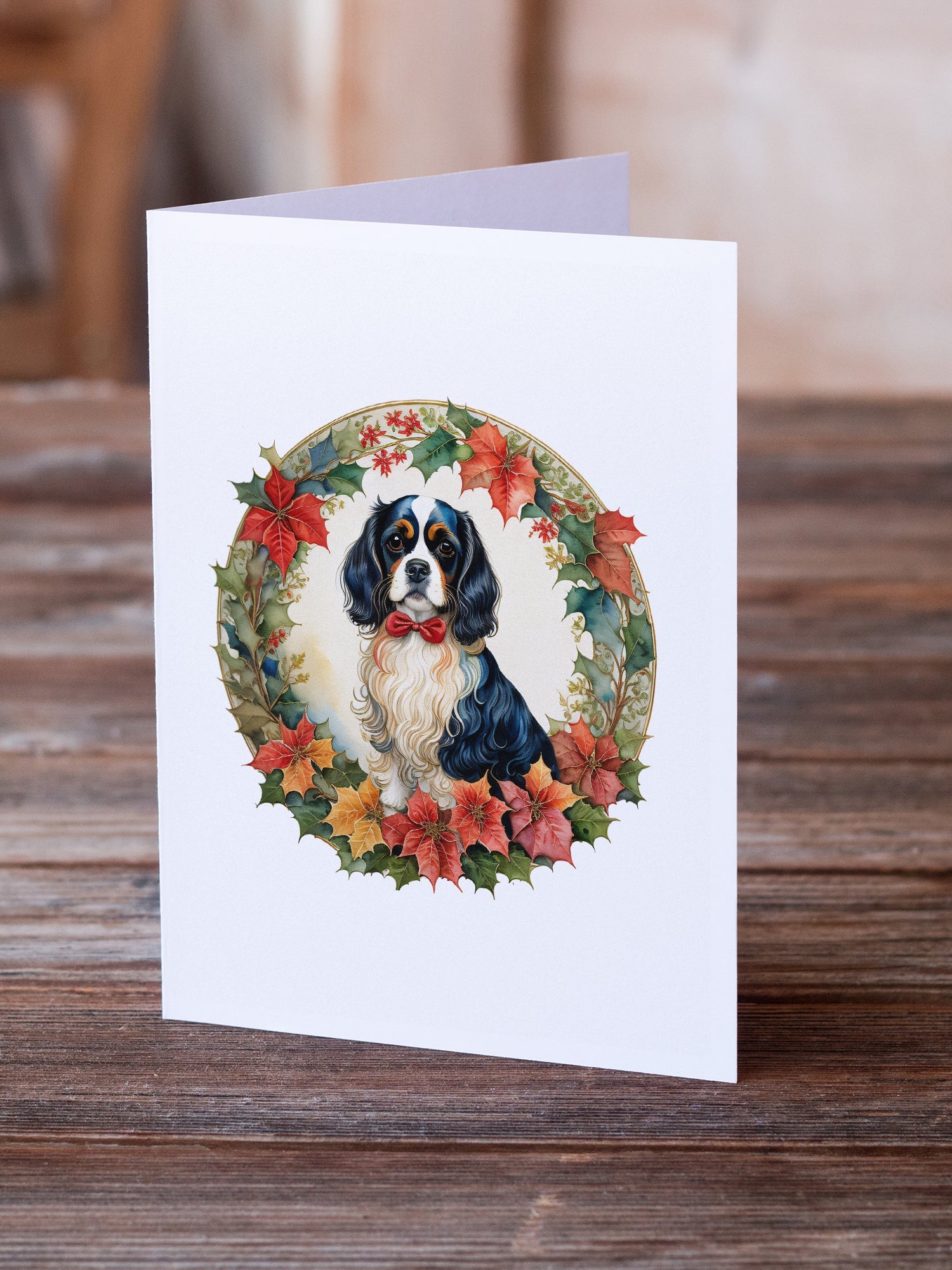 Cavalier Spaniel Christmas Flowers Greeting Cards Pack of 8 Blank Cards with Envelopes Whimsical A7 Size 5x7