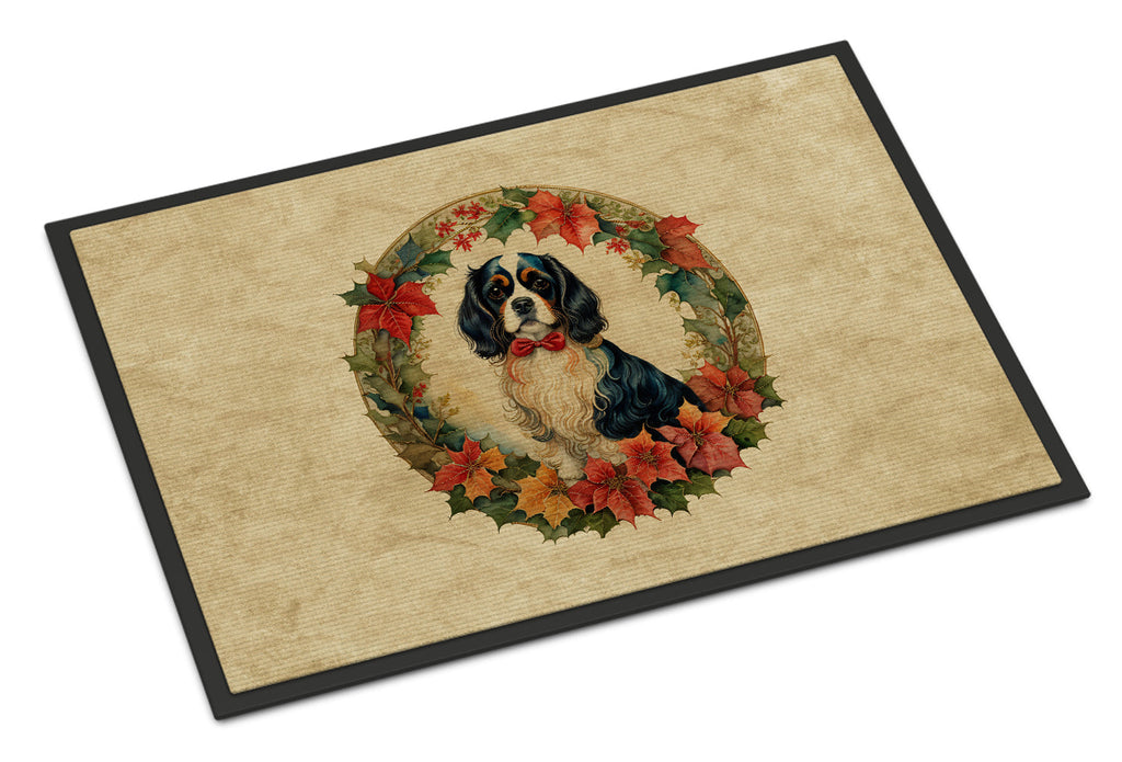 Cavalier Spaniel Christmas Flowers Doormat Indoor Outdoor 24H X 36W Front Door Mat Rugs for Entryway, Non Slip Washable Low Pile,