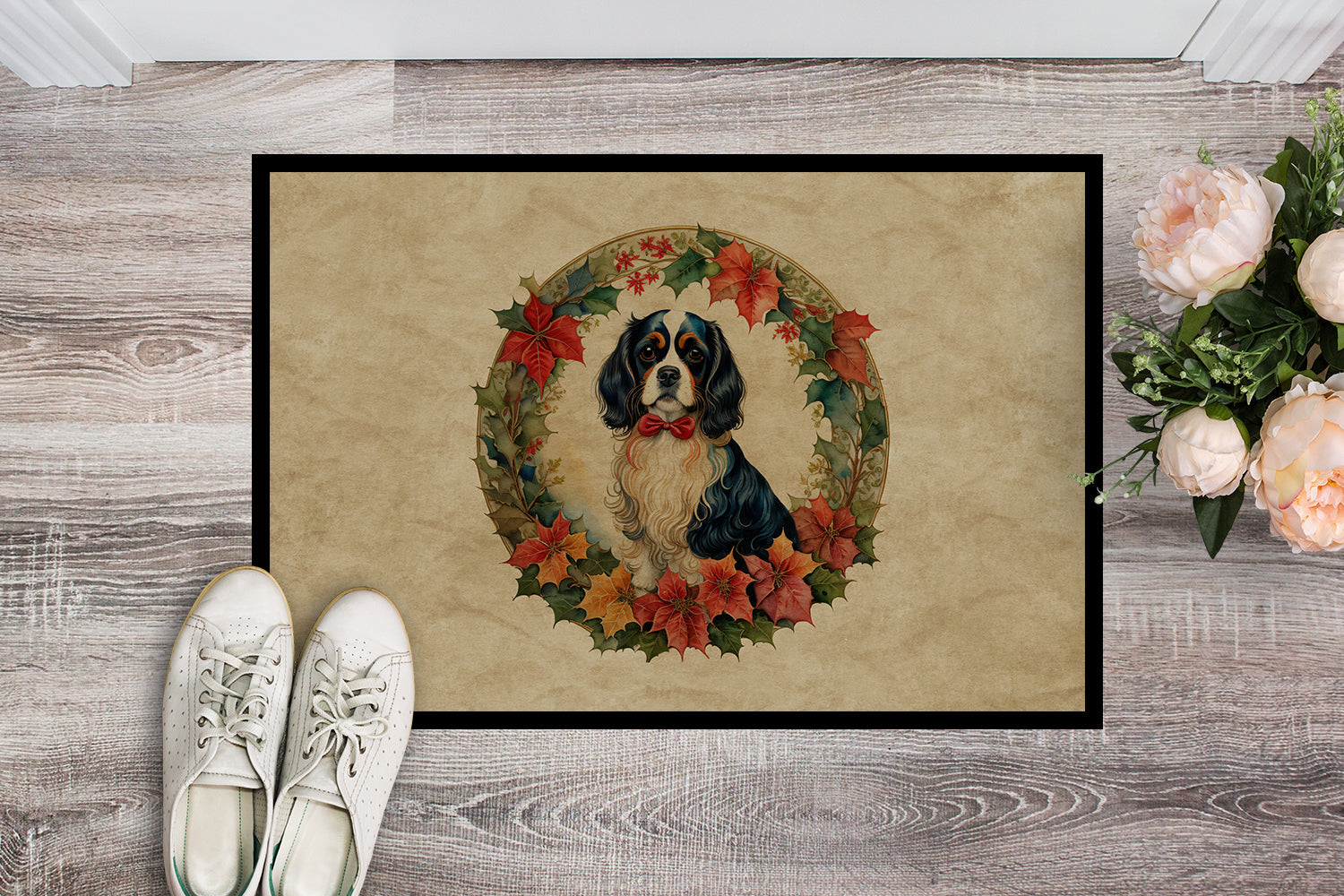 Cavalier Spaniel Christmas Flowers Doormat Indoor Outdoor 24H X 36W Front Door Mat Rugs for Entryway, Non Slip Washable Low Pile,