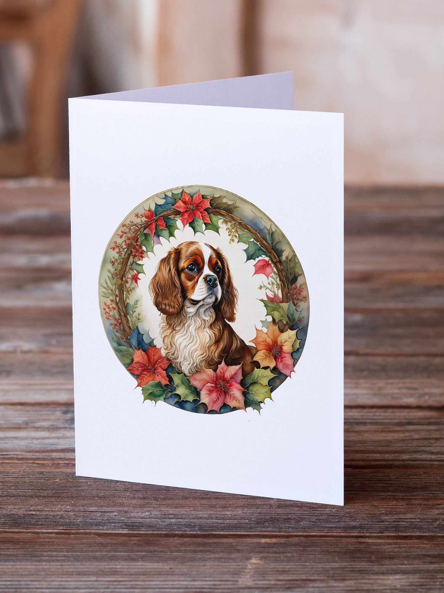 Cavalier Spaniel Christmas Flowers Greeting Cards Pack of 8 Blank Cards with Envelopes Whimsical A7 Size 5x7