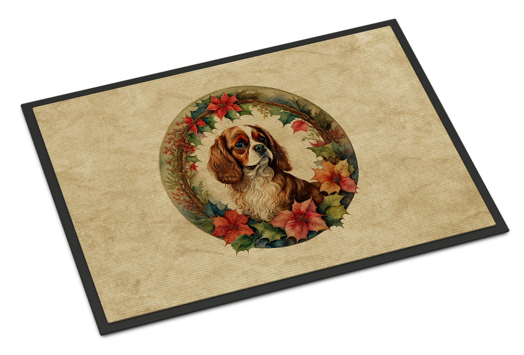 Cavalier Spaniel Christmas Flowers Doormat Indoor Outdoor 24H X 36W Front Door Mat Rugs for Entryway, Non Slip Washable Low Pile,