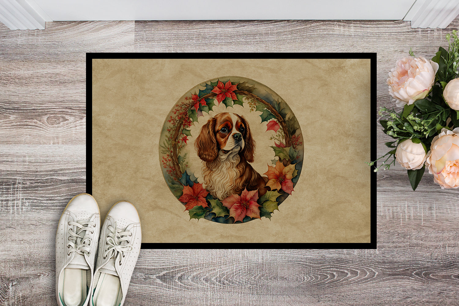 Cavalier Spaniel Christmas Flowers Doormat Indoor Outdoor 24H X 36W Front Door Mat Rugs for Entryway, Non Slip Washable Low Pile,