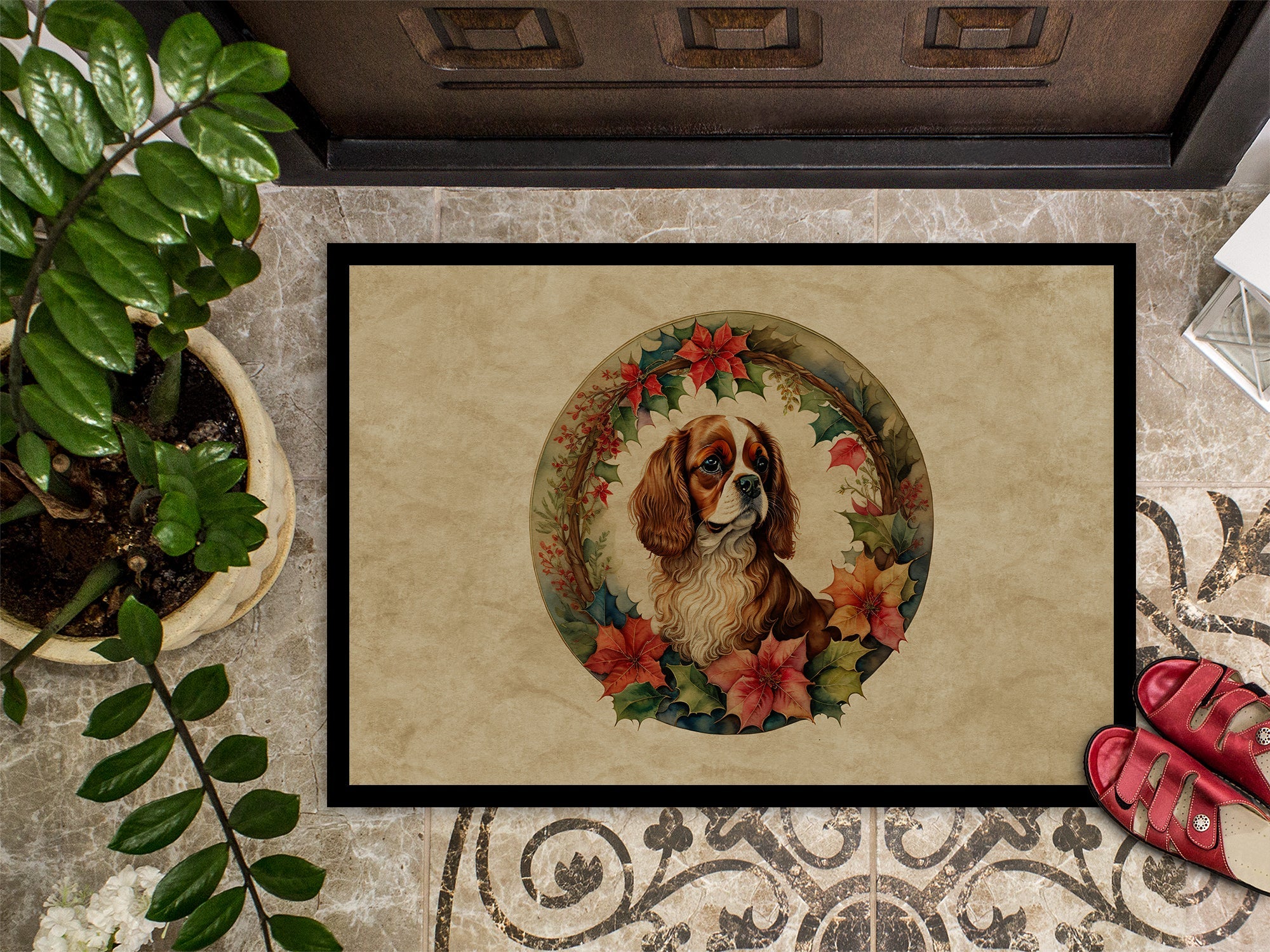 Cavalier Spaniel Christmas Flowers Doormat Indoor Outdoor 18H X 27W Front Door Mat Rugs for Entryway, Non Slip Washable