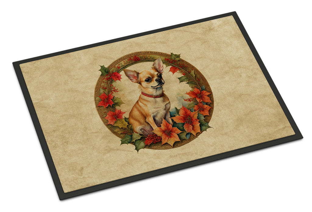 Chihuahua Christmas Flowers Doormat Indoor Outdoor 18H X 27W Front Door Mat Rugs for Entryway, Non Slip Washable